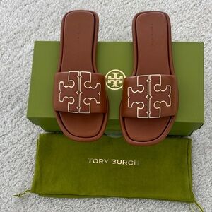 Tory Burch Women's Double T Leather Sport Slide, Tan, Size: 6, NWT
